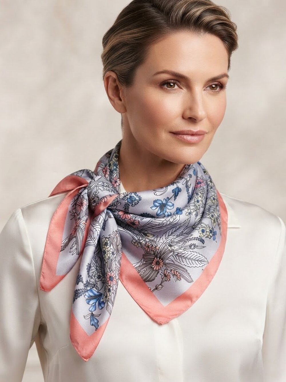 Floral Silk Scarf with Pink Border 22'x20'